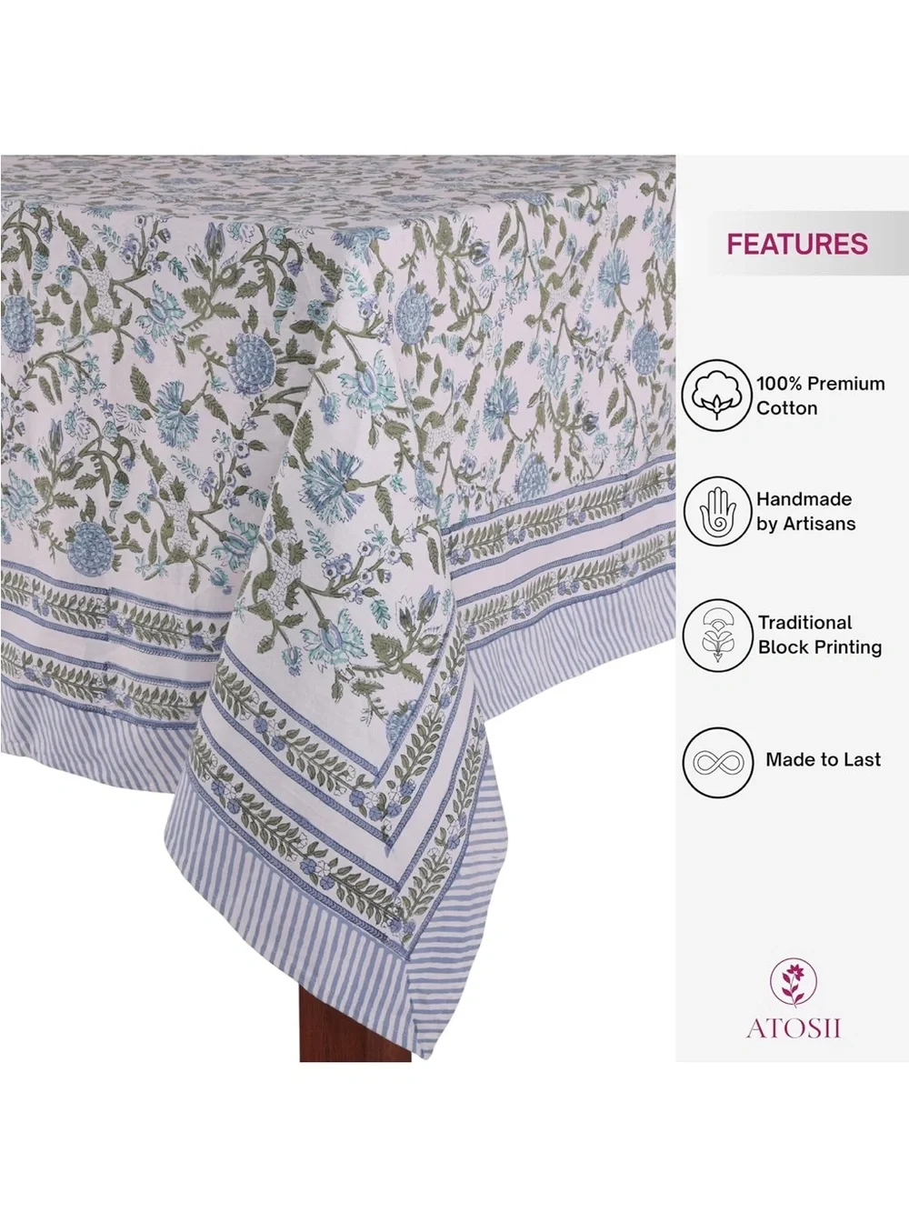 NEW ATOSII Mahoka Blue 100% Cotton Fall Tablecloth, Handblock Printed.